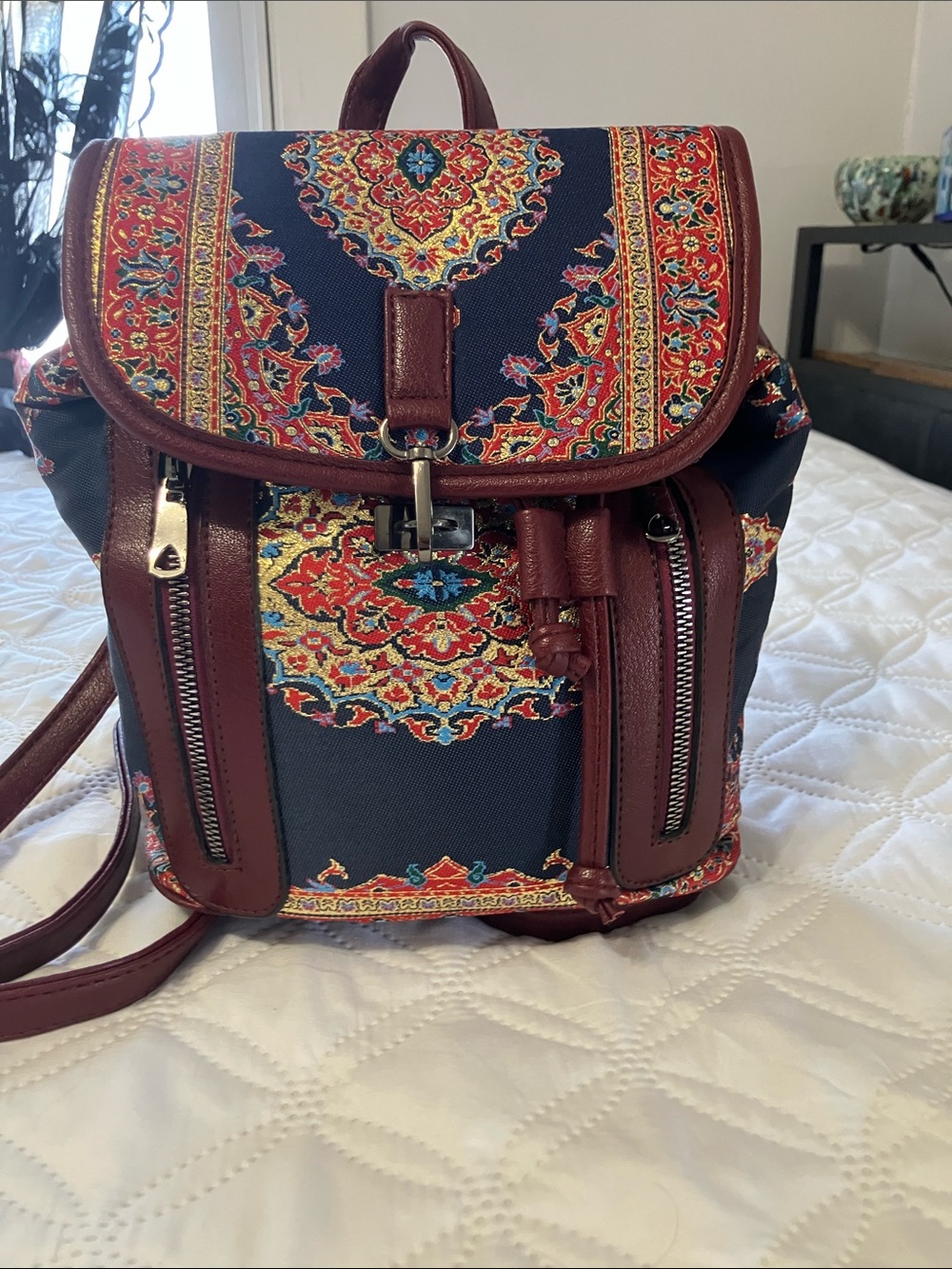 Burgundy & Navy Patterned Backpack Purse made in Turkey